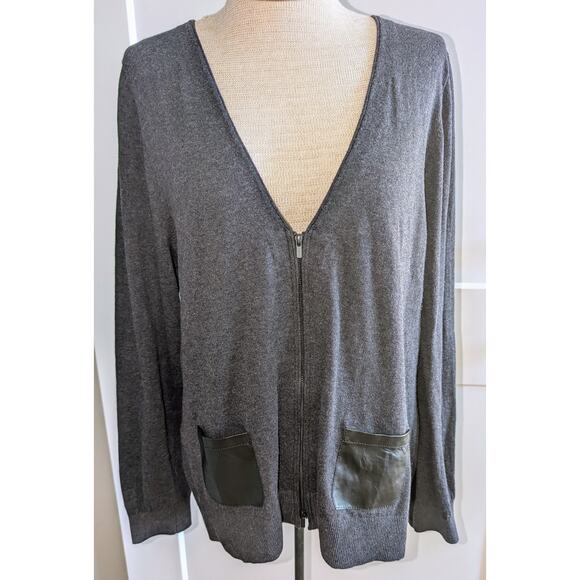 Lane Bryant Cotton Dual Zip Faux Leather Pocket Cardigan Sweater Charcoal 14/16 - Picture 1 of 6